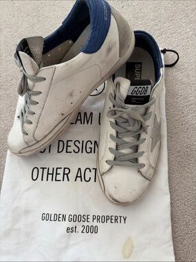 Golden Goose White Leather Super-Star Sneakers with Gray Star and Blue Heel